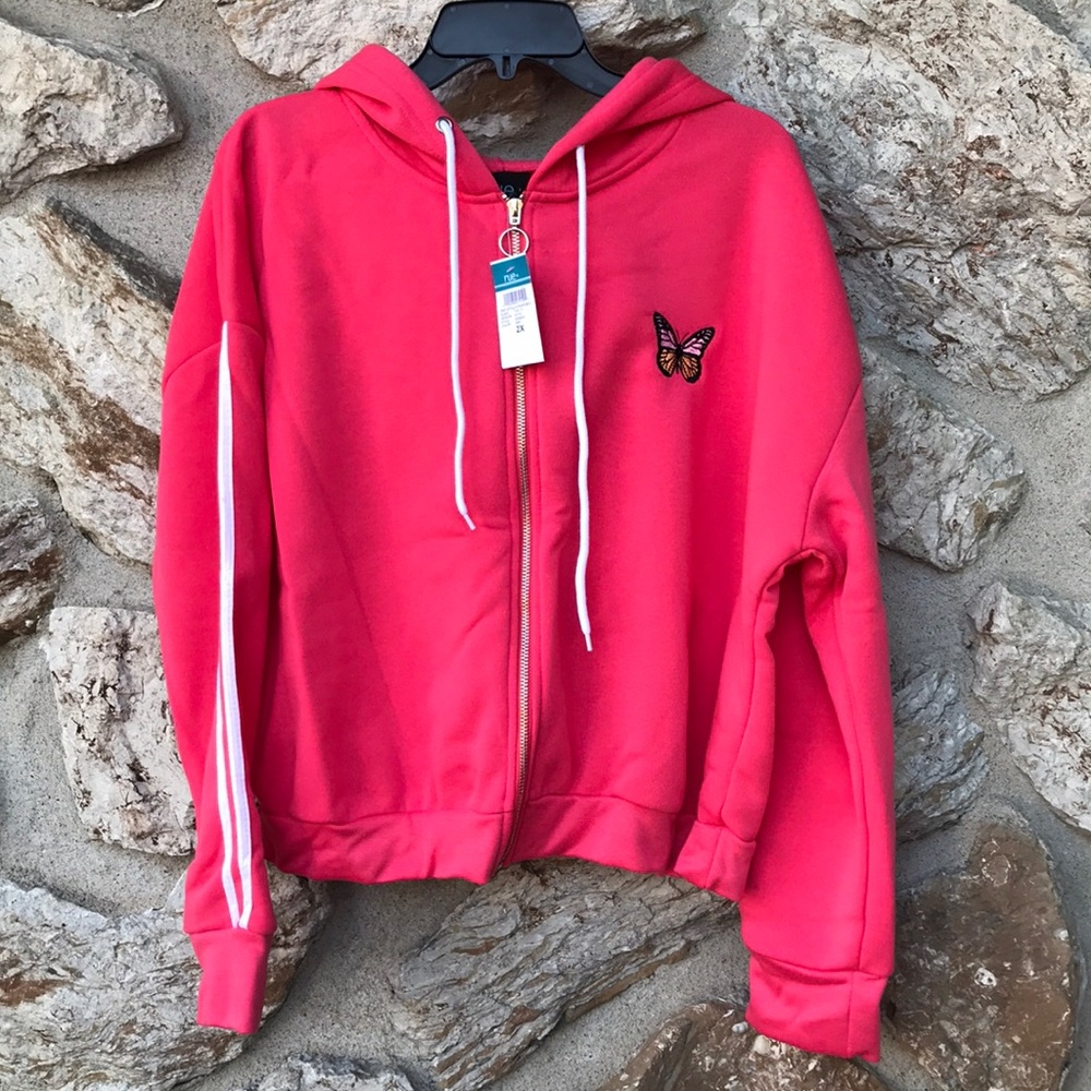 NWT Rue+ Women’s Coral Butterfly Side Striped Zip-Up Crop Hoodie - Women’s Plus